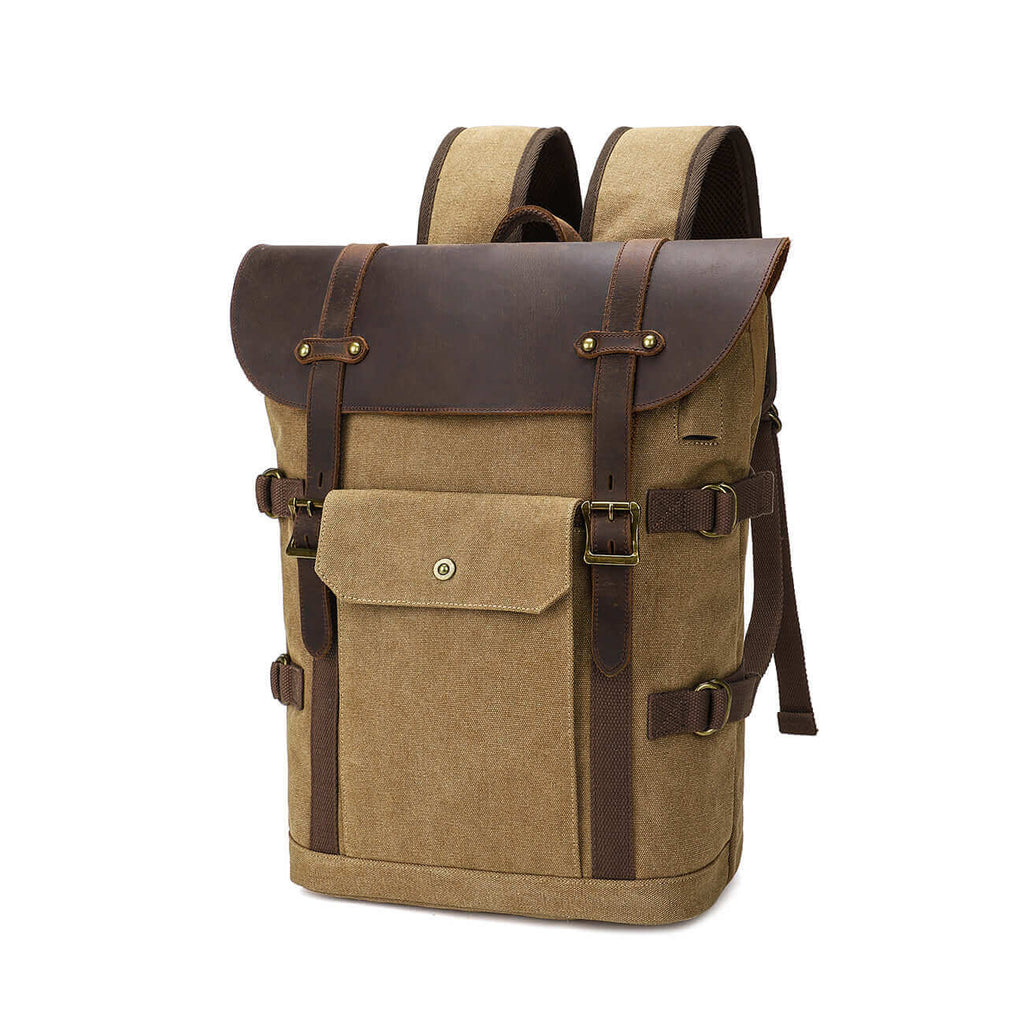 Rugged Crazy Horse Leather & Canvas Laptop Backpack - Fits 15.6" Laptop