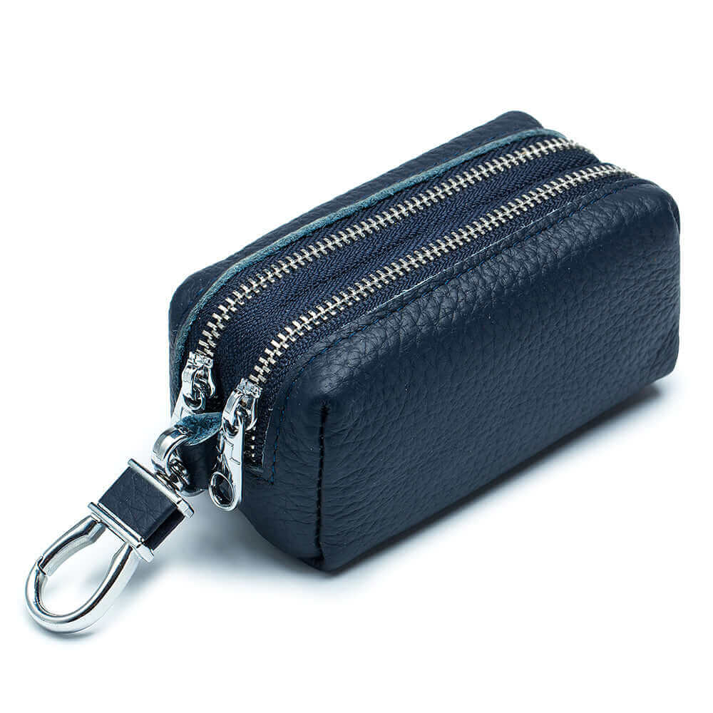 Leather Double Zipper Key Card Coin Case Holder Wallet