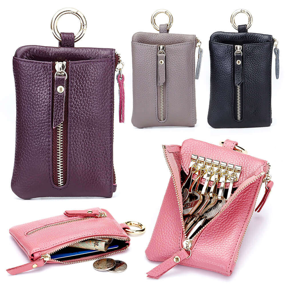 Women's Leather Zipper Key Holder for Keys and Cards