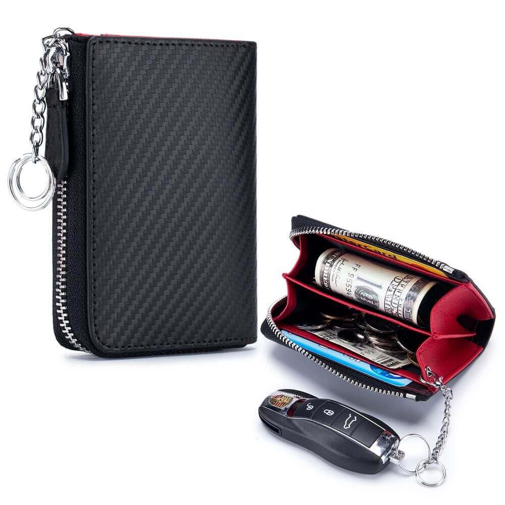Men's Carbon Fiber Leather RFID Card and Coin Wallet with Keychain