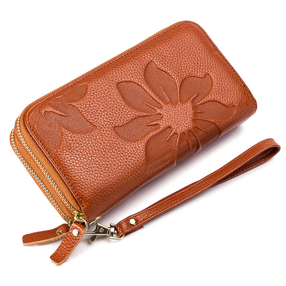 Women's Leather Double Zipper Clutch RFID Long Wallet