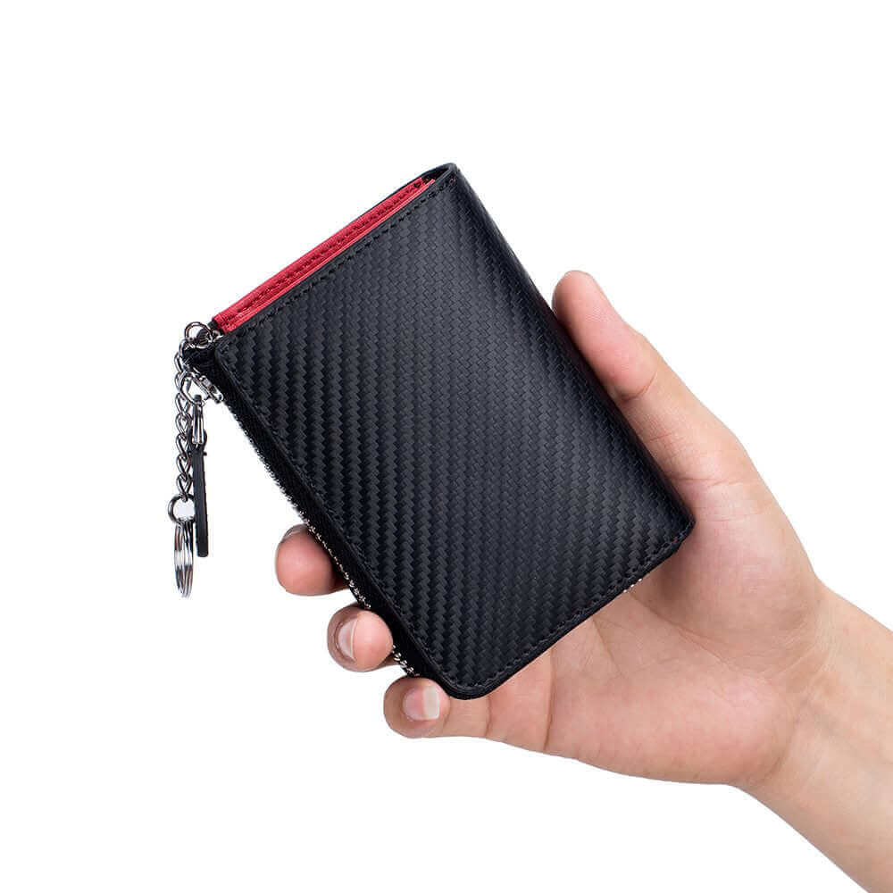 Men's Carbon Fiber Leather RFID Card and Coin Wallet with Keychain