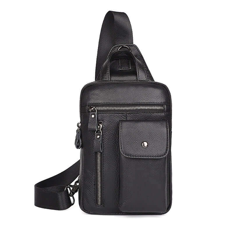 Black Small Leather Chest Sling Bag | Shoulder and Crossbody