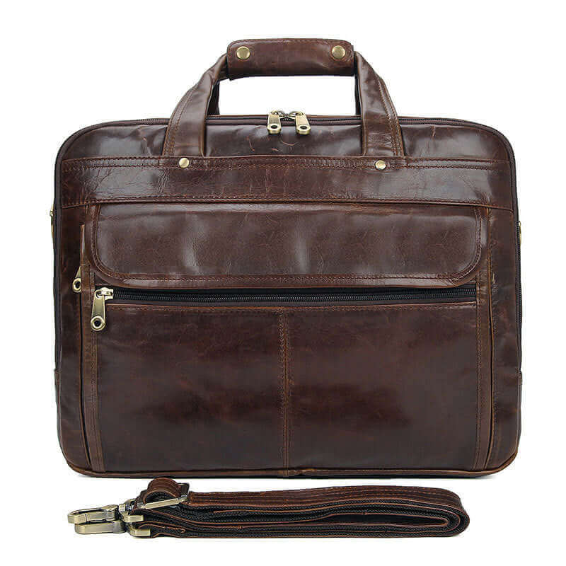 Coffee Brown Waxed Leather Business Briefcase Laptop Bag - Versatile Carry