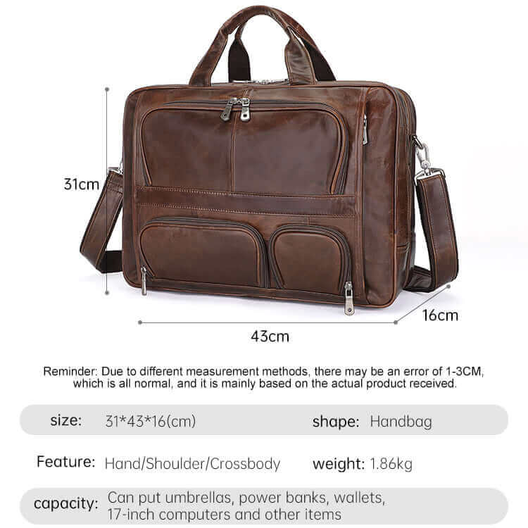 Mens Leather Briefcase 17 Inch Laptop Bag Business Overnight Travel NZ