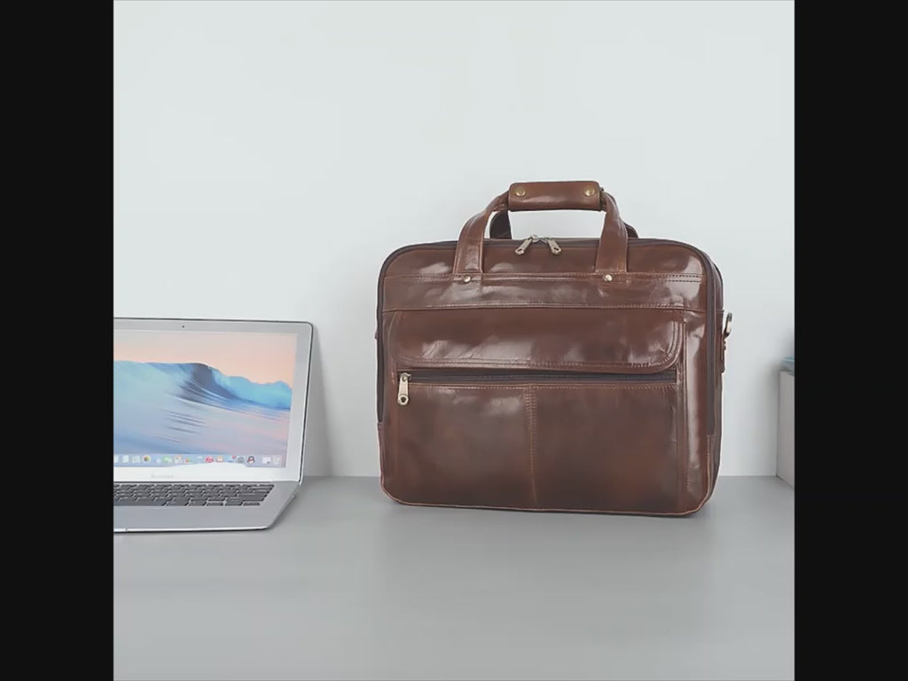 Coffee Brown Waxed Leather Business Briefcase Laptop Bag - Versatile Carry