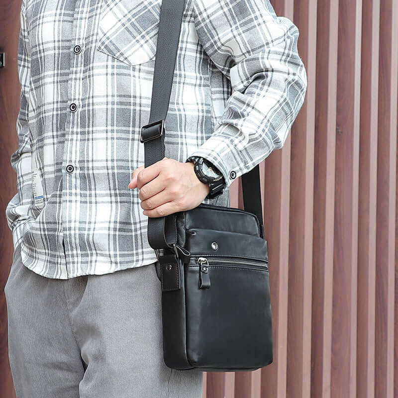 Black Leather Shoulder and Crossbody Bag for Men