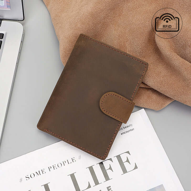 Vintage Brown Leather RFID Tri-fold Wallet for Men