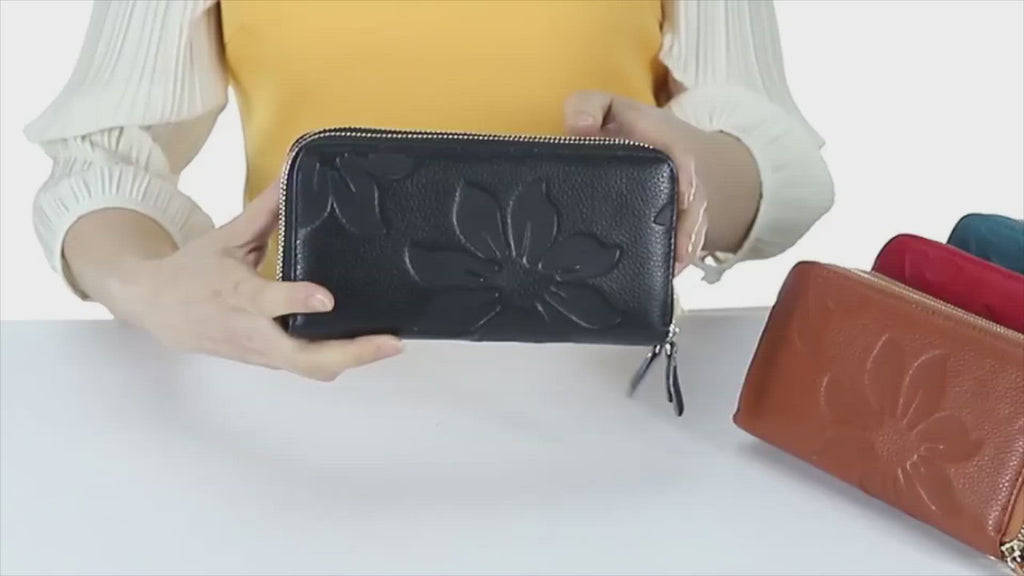 Women's Leather Double Zipper Clutch RFID Long Wallet