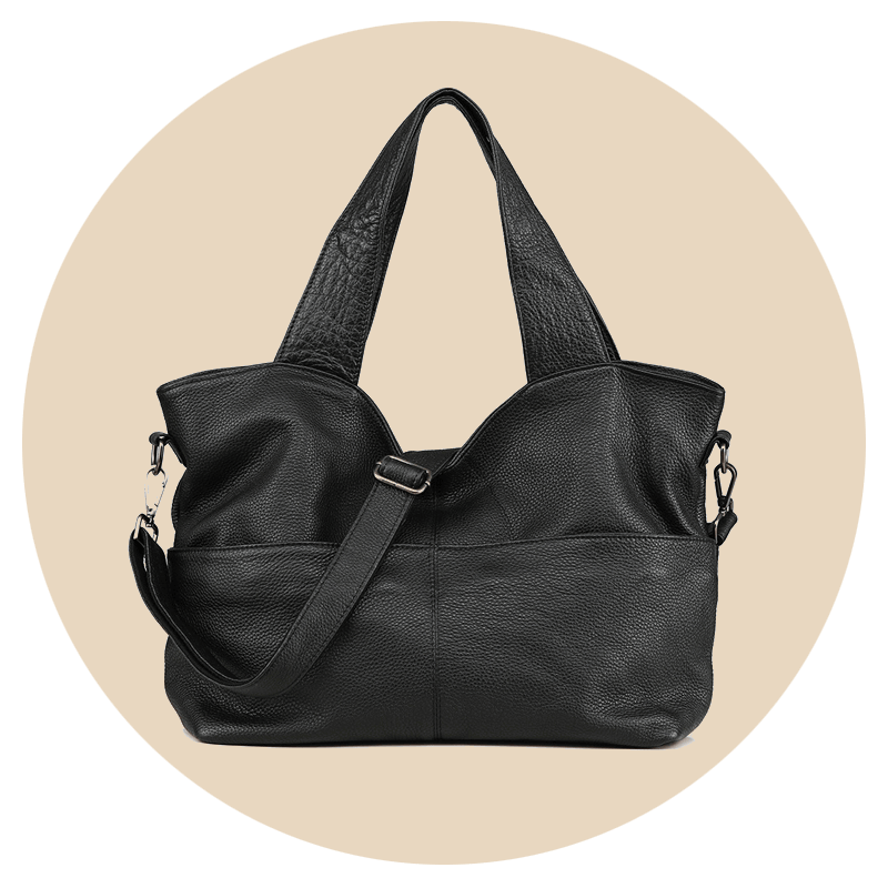 Large women’s leather tote bag in black, versatile design for shopping, work, or everyday use
