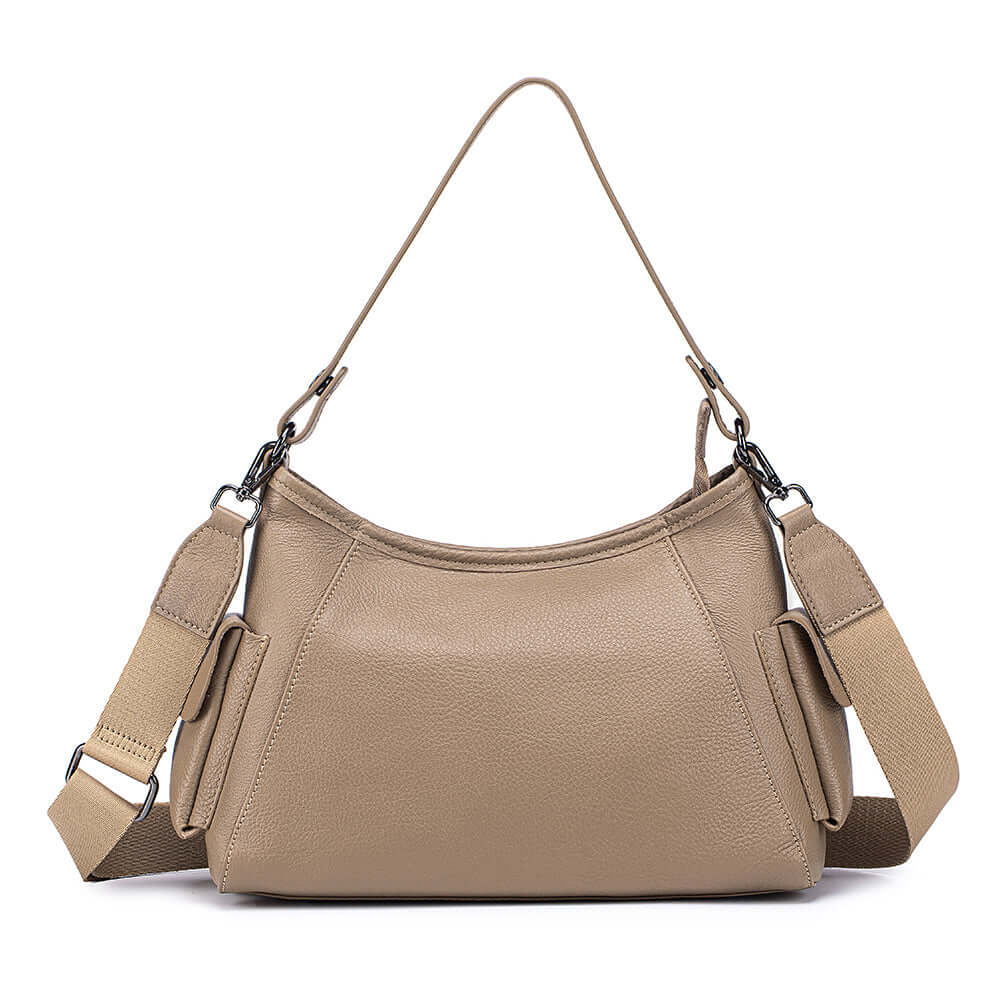 Front view of khaki leather shoulder bag with dual straps.