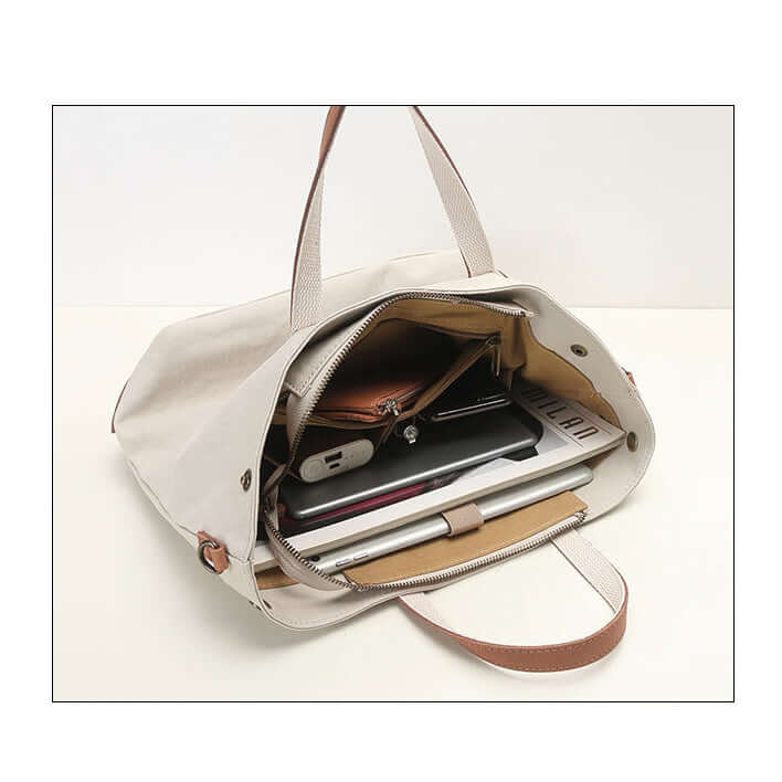 Canvas tote bag fitting ipad, wallet, and essentials.