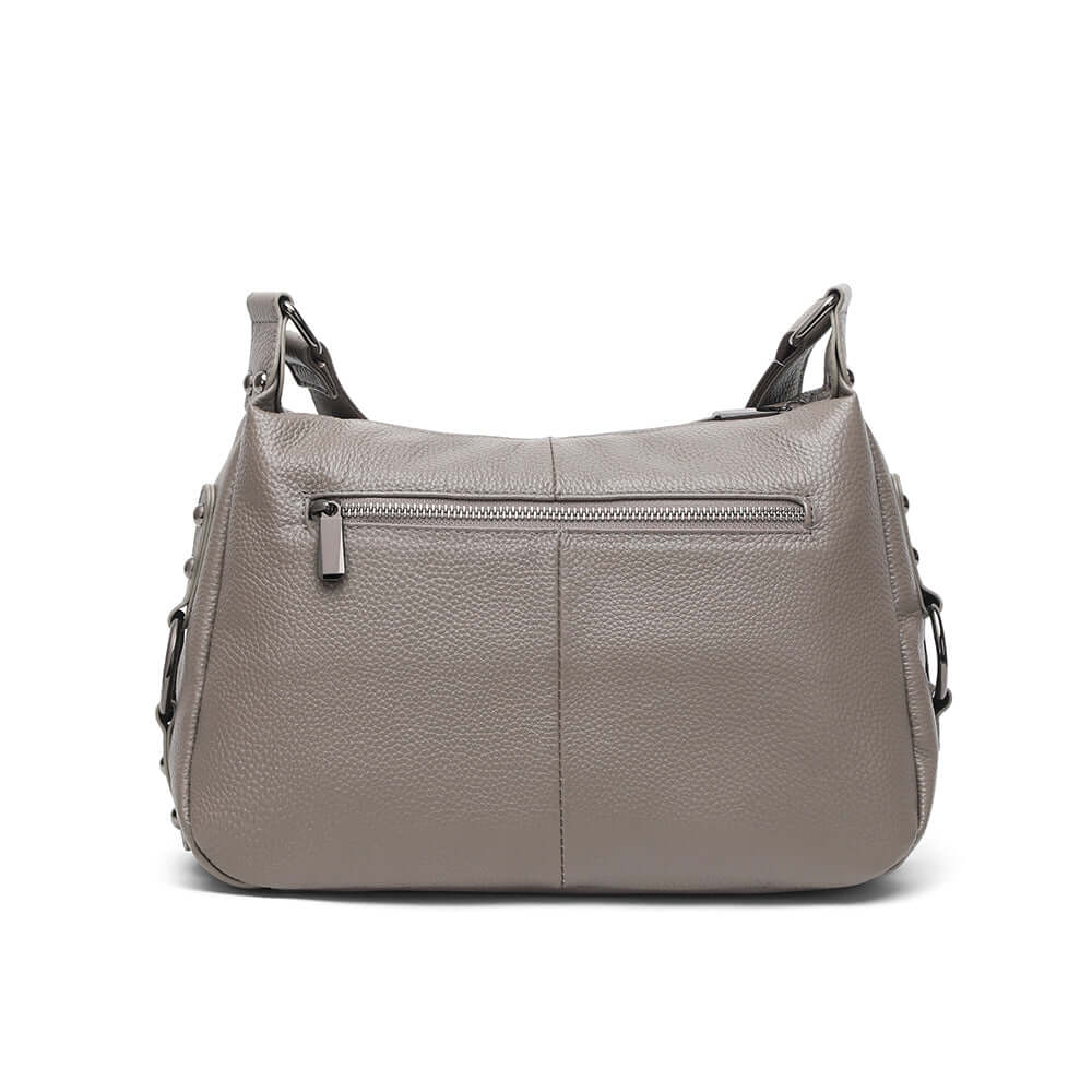 Back view of grey leather shoulder bag with zipper pocket