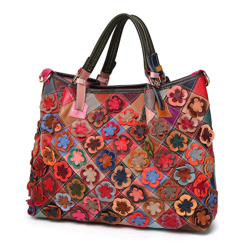 Genuine Leather Patchwork Handbag with Floral Patterns