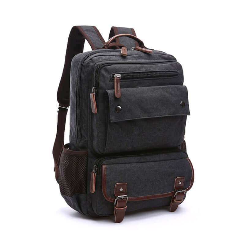 14-inch laptop canvas backpack with multiple pockets for organized storage.