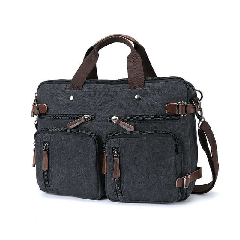 Multi-pocket design black canvas laptop bag for men.