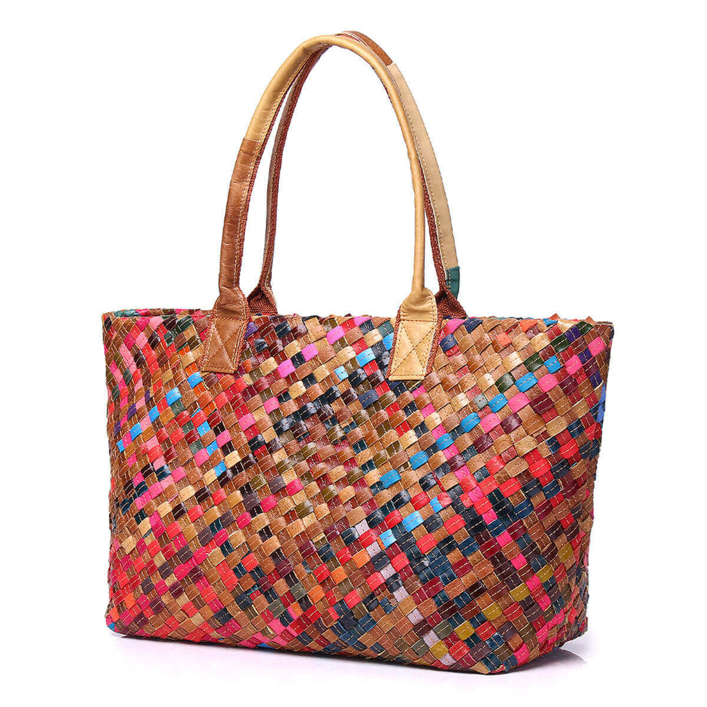 Women's Genuine Leather Colorful Woven Tote Bag