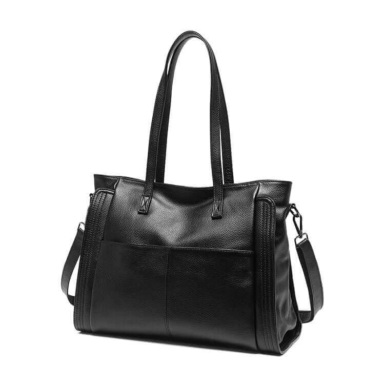 Elegant brown leather tote shoulder bag, black