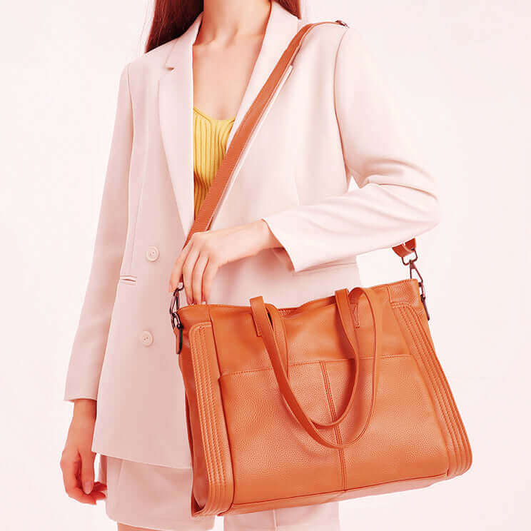 Elegant brown leather tote shoulder bag