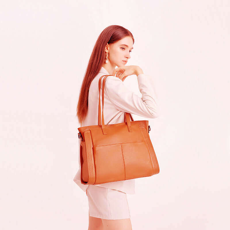 Elegant brown leather tote shoulder bag