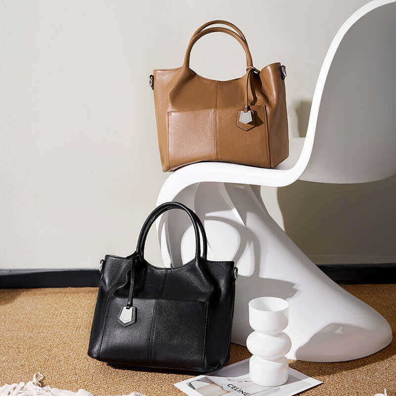 Elegant brown leather handbag with shoulder strap