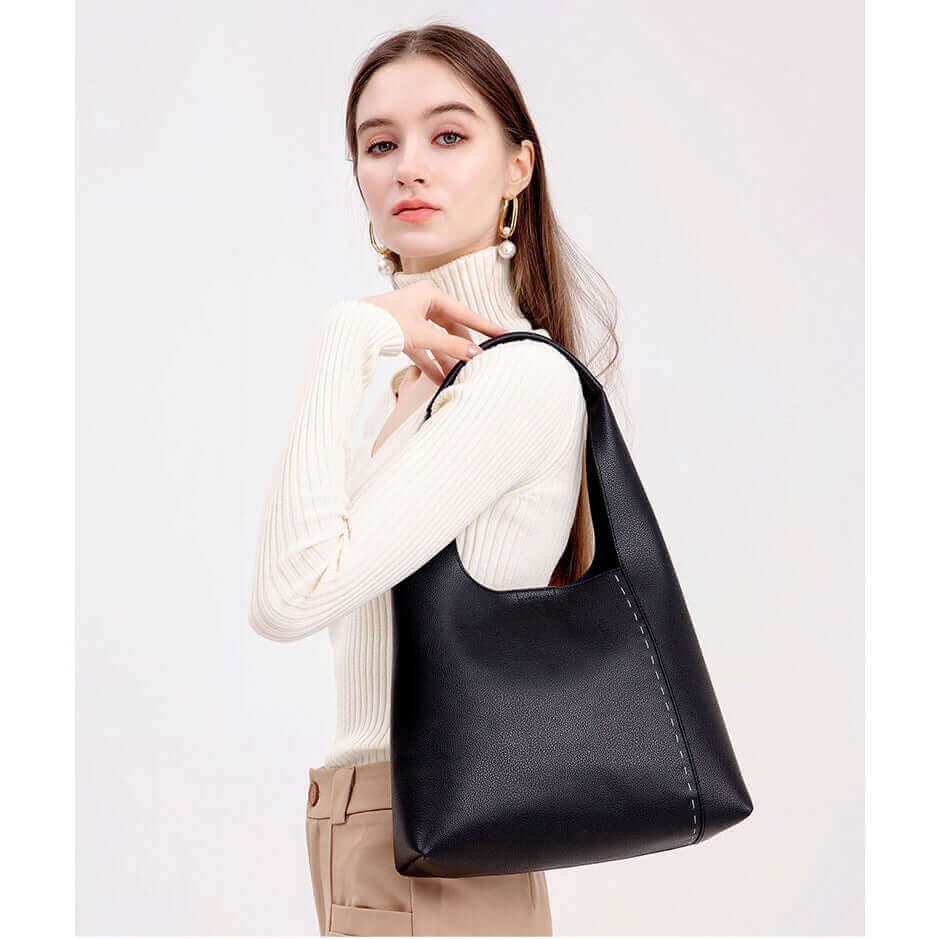 Elegant Black Leather Tote Handbag