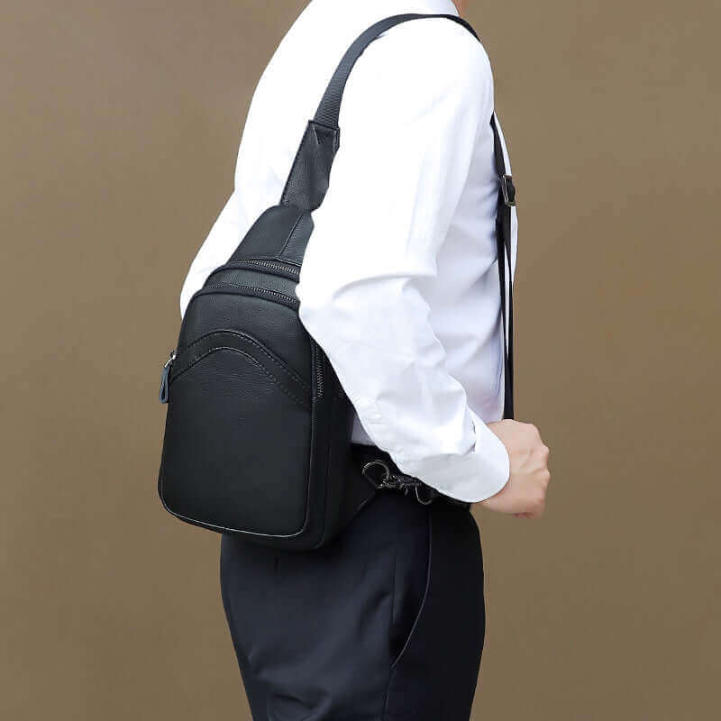 Classic Black Leather Crossbody Sling Bag for Men