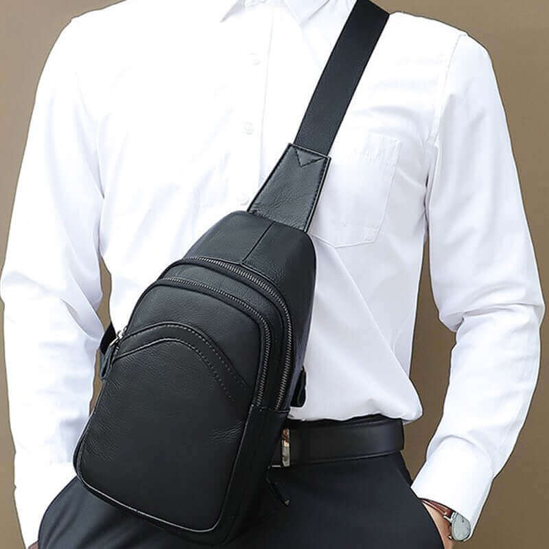 Classic Black Leather Crossbody Sling Bag for Men