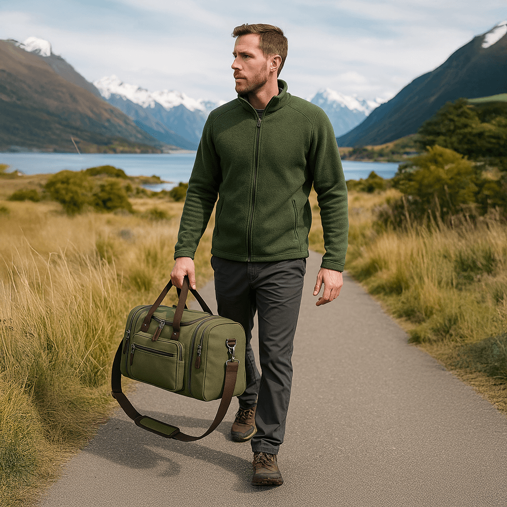 Canvas travel duffle bag worn as a crossbody for hands-free convenience during travel.