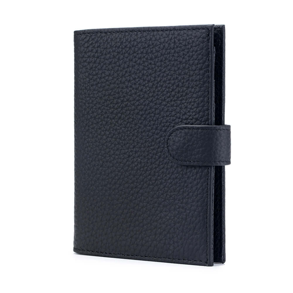 Black genuine leather RFID passport wallet.
