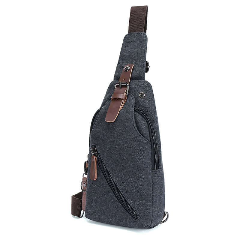 Side view of the canvas sling bag.