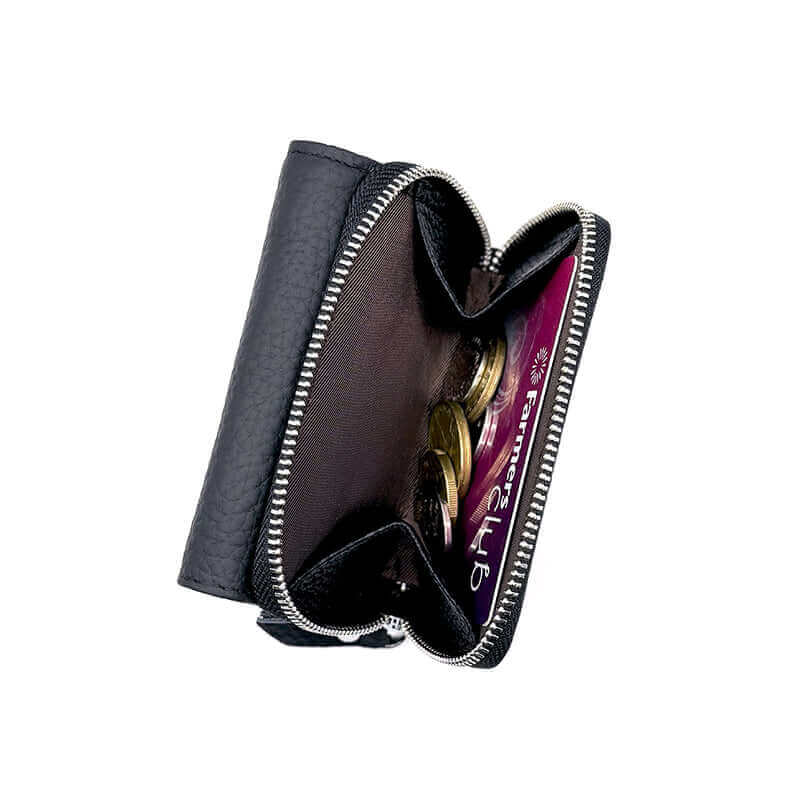 Black RFID genuine leather wallet with secure zippered coin pocket.