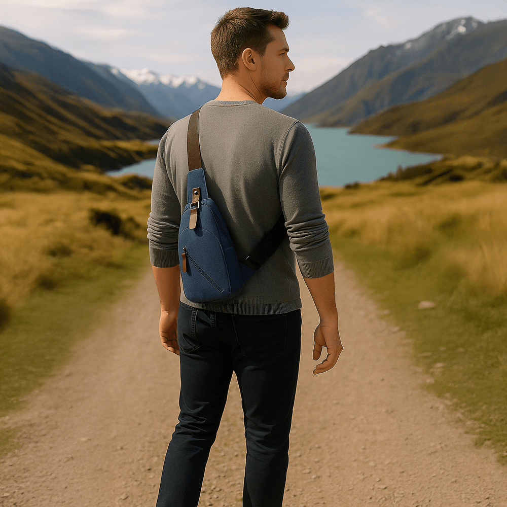 Blue canvas chest bag, combining fashion and convenience, suitable for casual outings and daily use.
