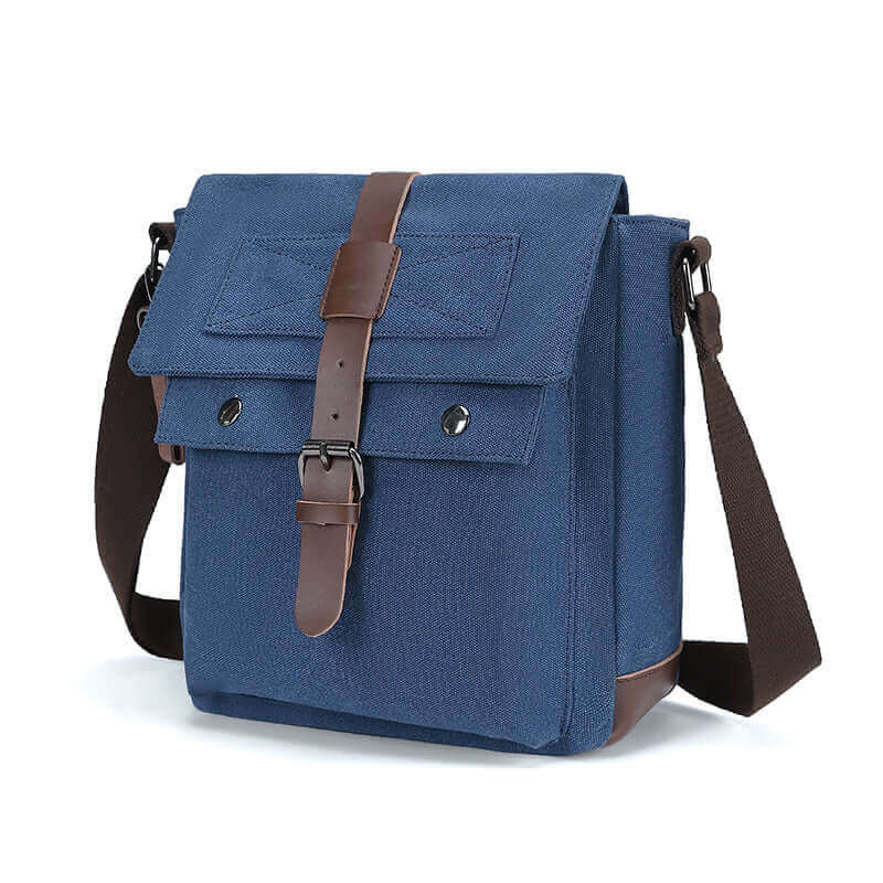 Men's stylish blue canvas shoulder bag with secure magnetic closure and leather details.