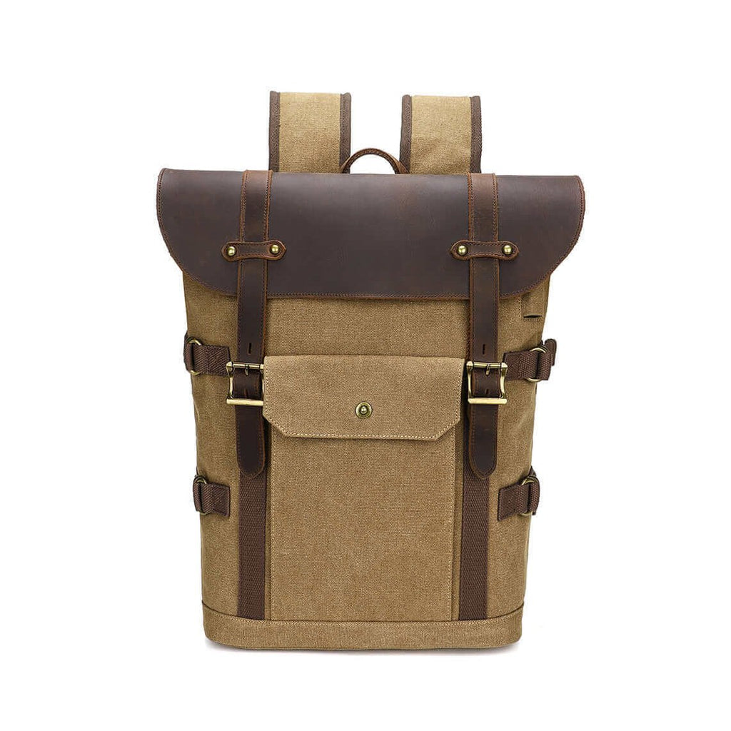 Canvas backpack with Crazy Horse leather, showcasing a vintage-inspired design.