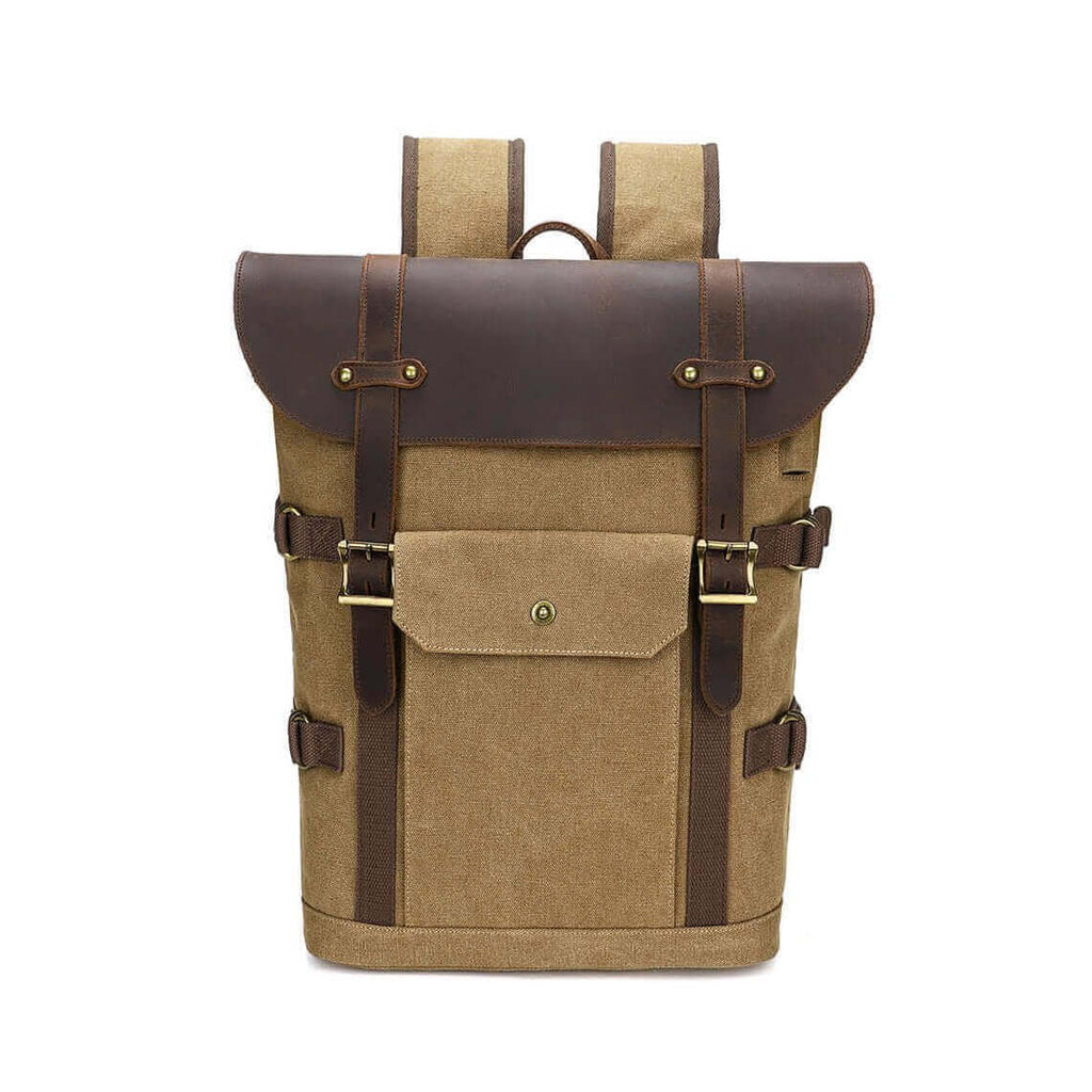 Canvas backpack with genuine leather, showcasing a vintage-inspired design.