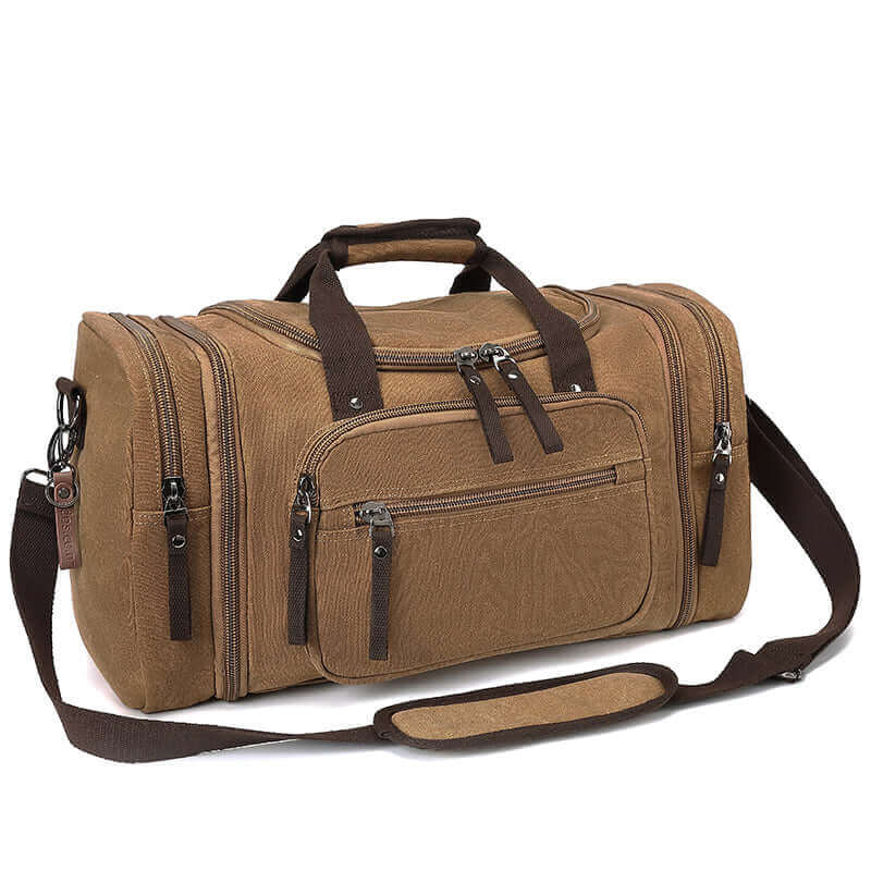 Canvas travel duffle bag showcasing multiple pockets for easy organization and storage.