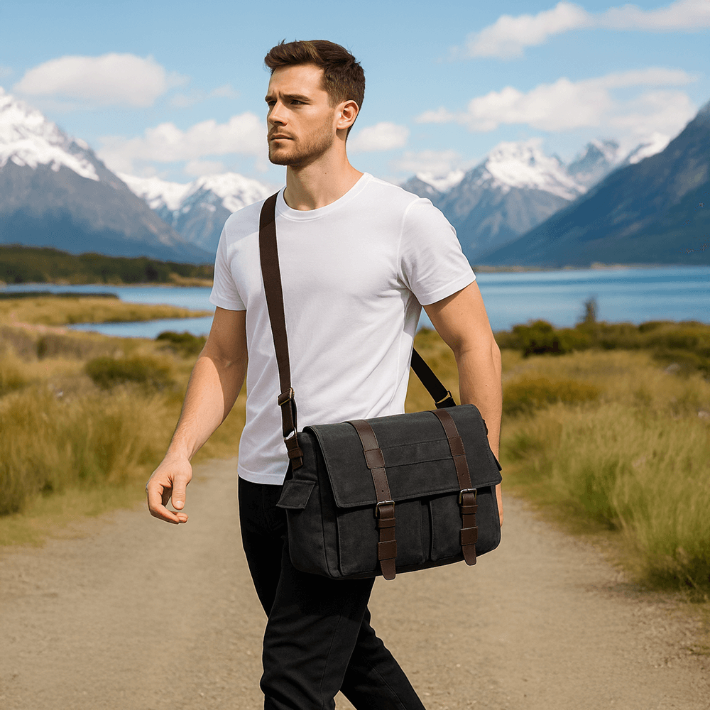 Various angles of the men's casual messenger bag showcasing its versatility and functionality.
