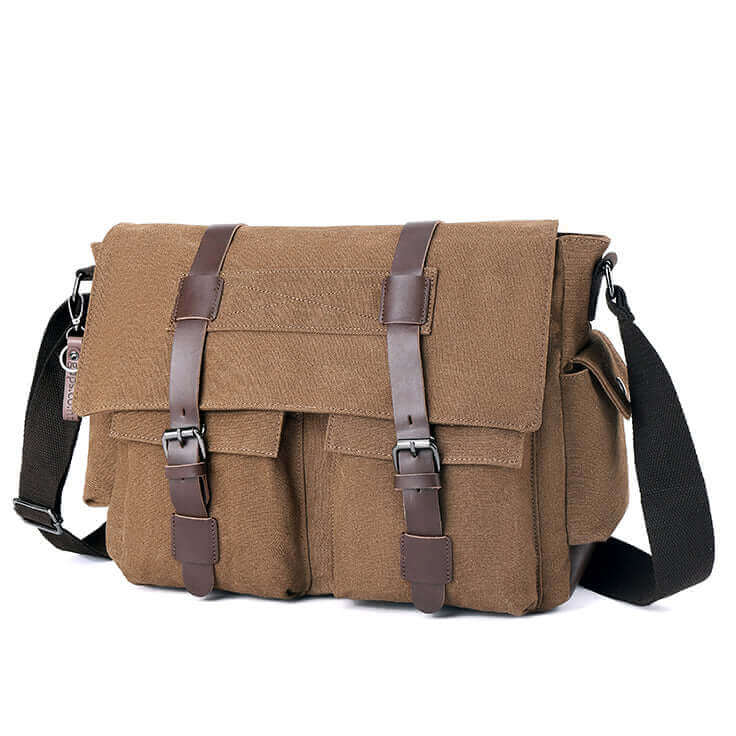 Canvas shoulder crossbody bag showing adjustable strap and side pocket.