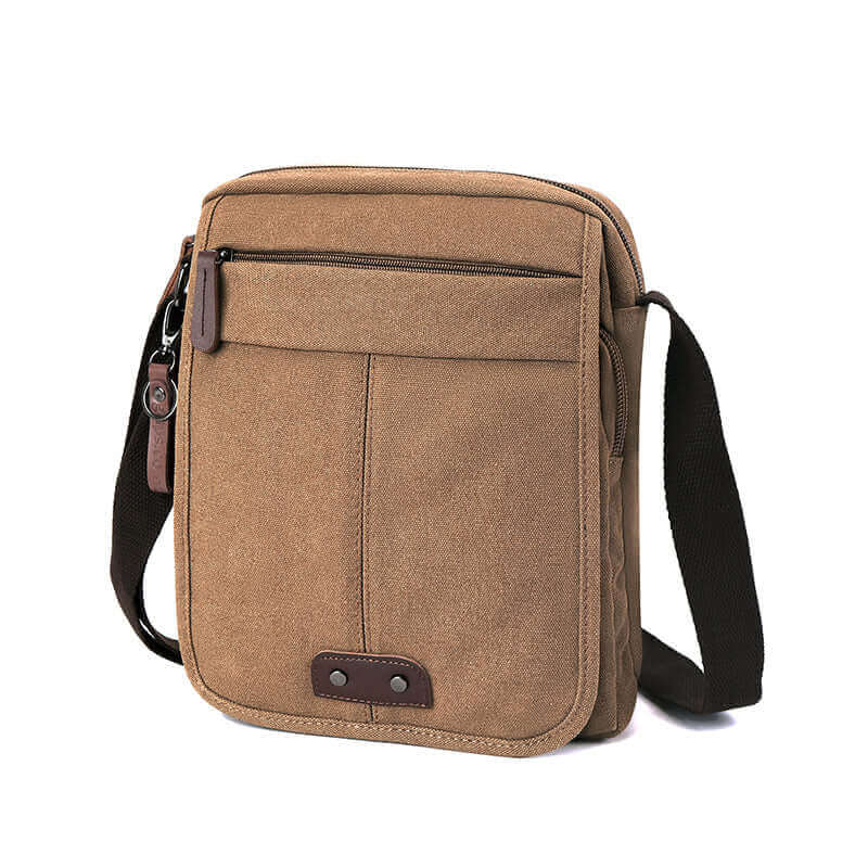 Small canvas messenger side bag front view showcasing its durable construction