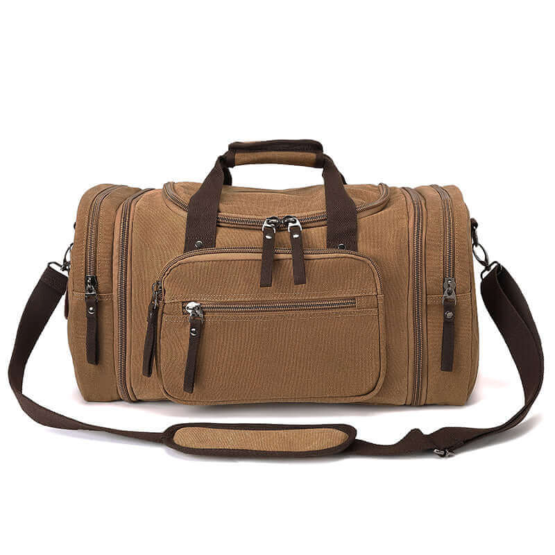 Front view of the stylish canvas travel duffle bag with a 43L capacity, perfect for travel and outdoor adventures.