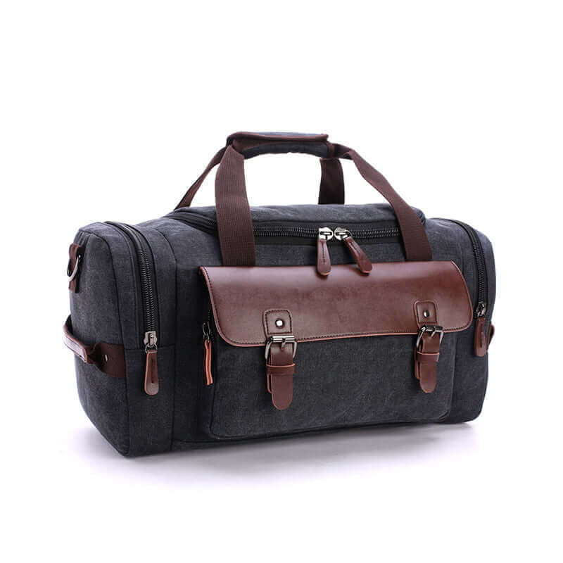 Stylish canvas weekender duffle bag with multiple compartments.