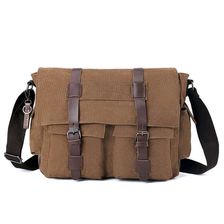 Front view of the casual canvas messenger bag with magnetic clasp and 15-inch laptop compartment.