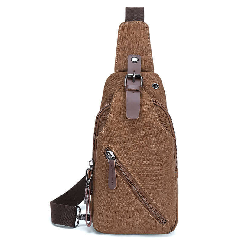 Canvas crossbody sling bag, featuring spacious compartments and an adjustable strap for a comfortable fit.