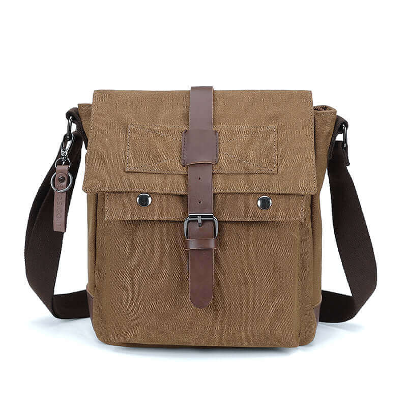 Coffee canvas crossbody bag with adjustable strap, compact yet spacious enough to carry essentials