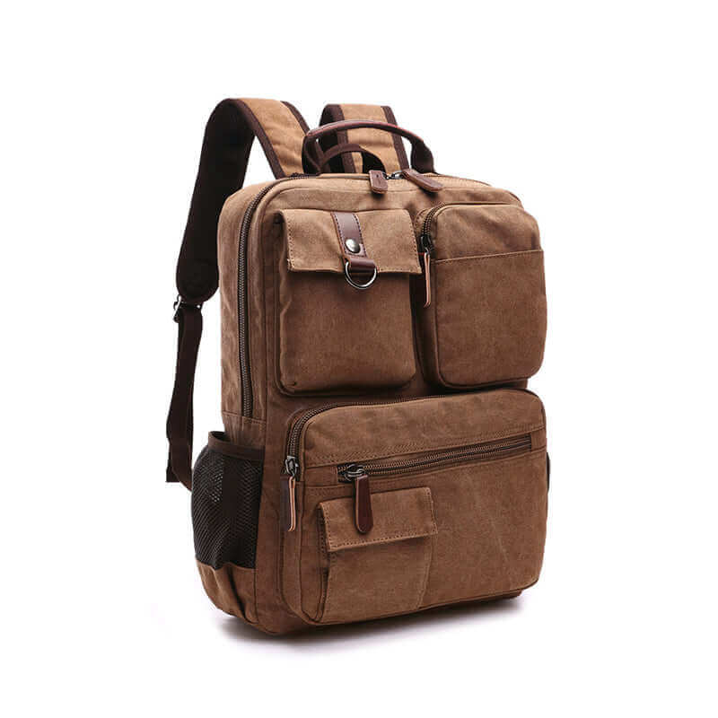 Durable canvas backpack featuring multiple pockets for organized storage, perfect for students and travelers.