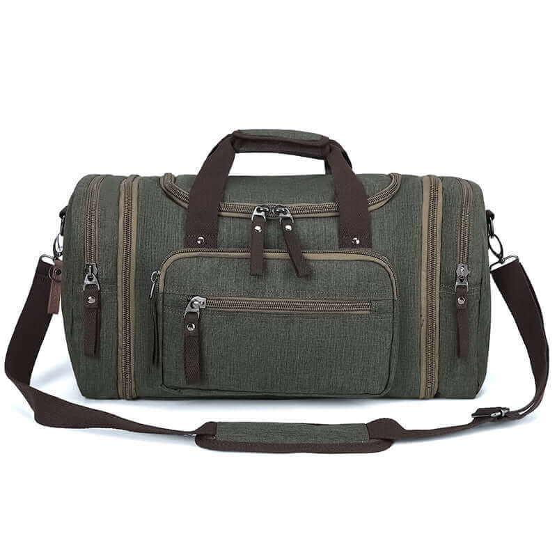 Waterproof nylon duffle bag in green front view showcasing its durable construction