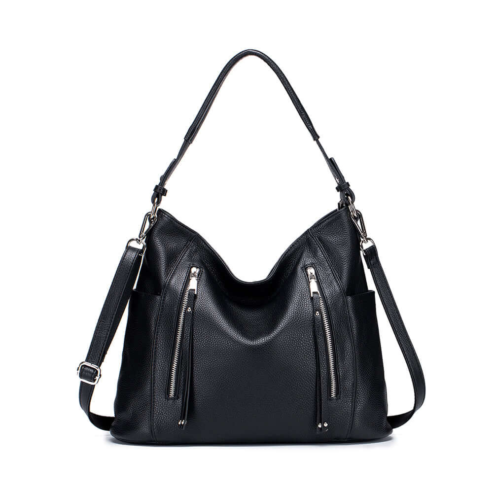 Front view of a genuine leather black handbag with zipper details.