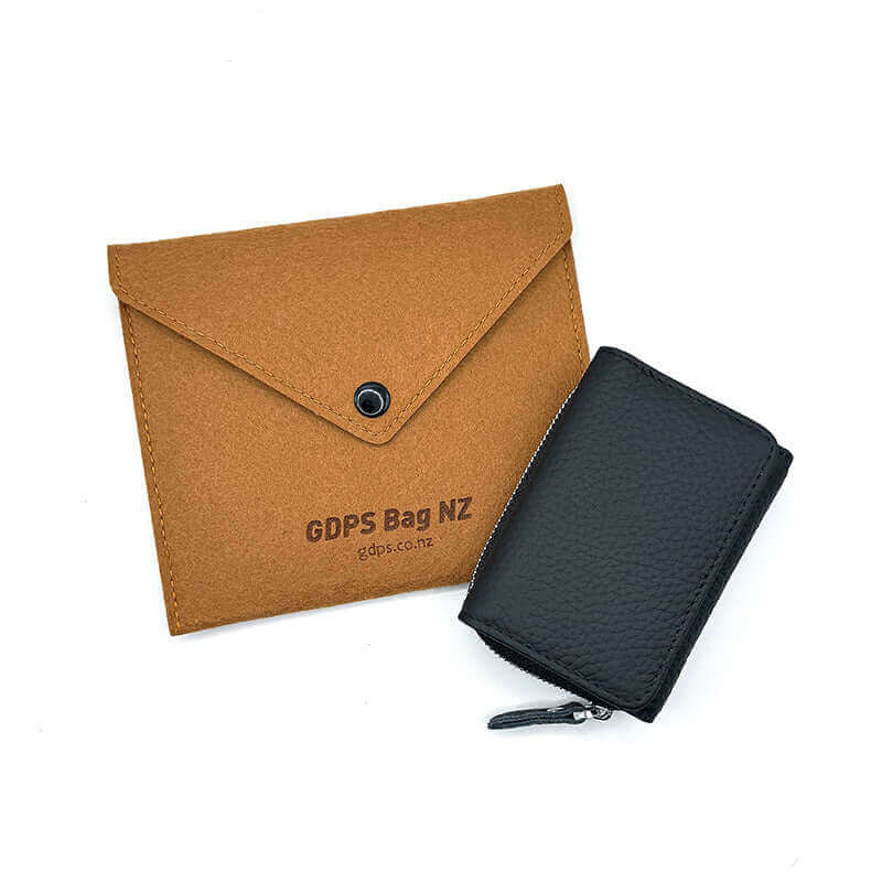 Genuine leather RFID mini wallet with card slots and cash compartment.