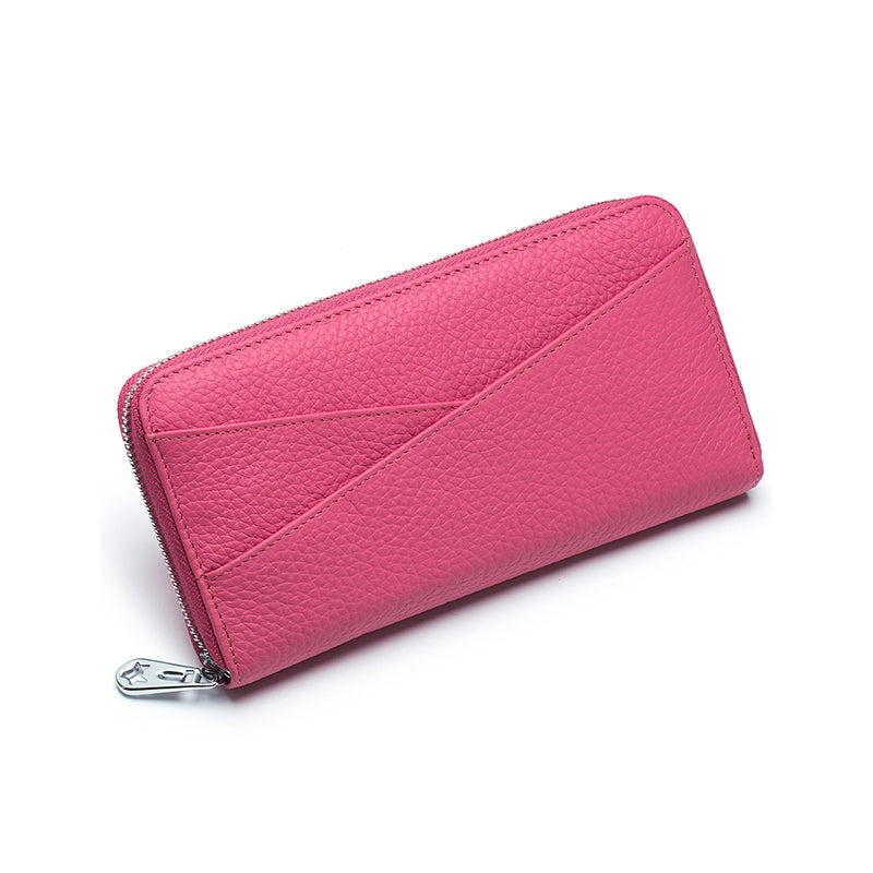 Long RFID leather wallet featuring a smooth zipper and organized internal structure.